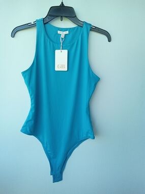 NWT GB Dillard's Turquoise Blue High Neck Sleeveless Thong Bodysuit Size M